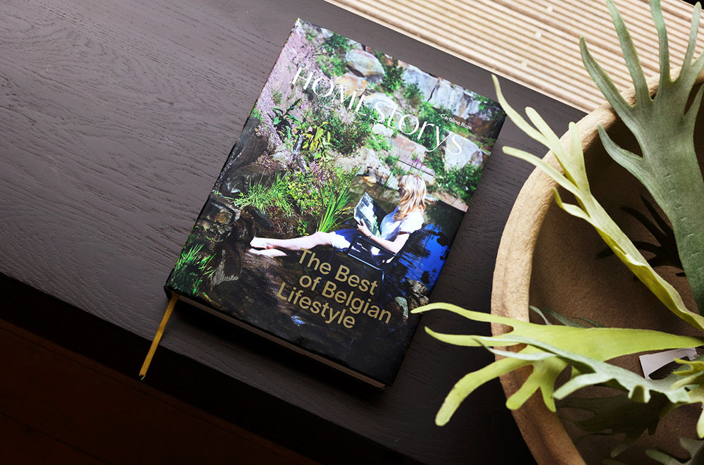 Homestorys-Buch auf dunklem Tisch mit Pflanzendekoration.