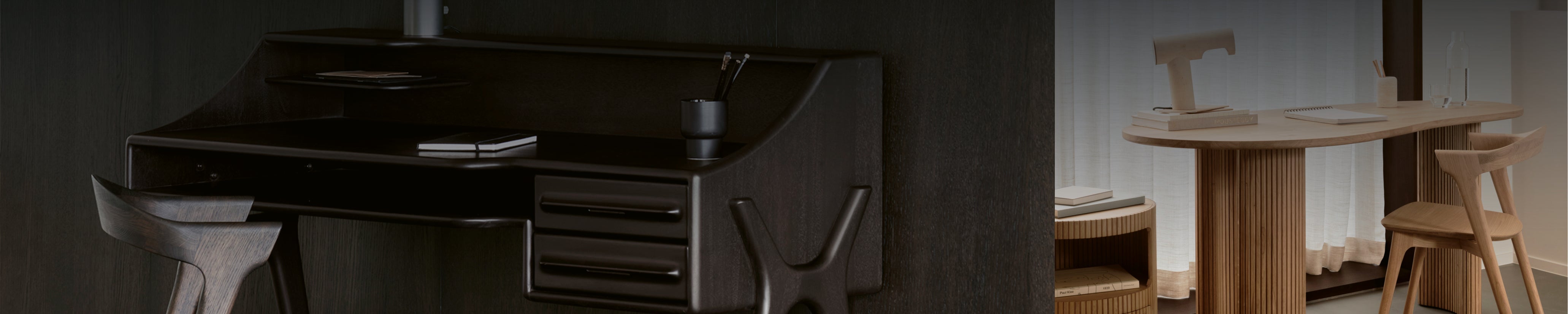 Stilvoll eingerichtetes Büro mit modernen Designmöbeln – Schreibtisch, Stuhl und Regalsysteme in heller, aufgeräumter Atmosphäre