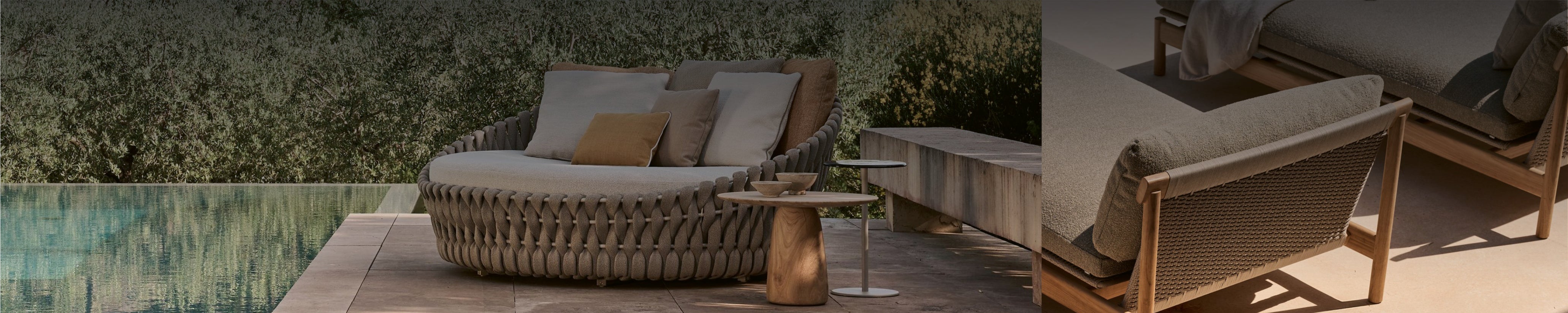 Luxuriöse Outdoor-Daybeds aus Teak und geflochtenem Seil sowie runde Sonnenliege mit Kissen – stilvolle Gartenmöbel am Pool in natürlicher Umgebung
