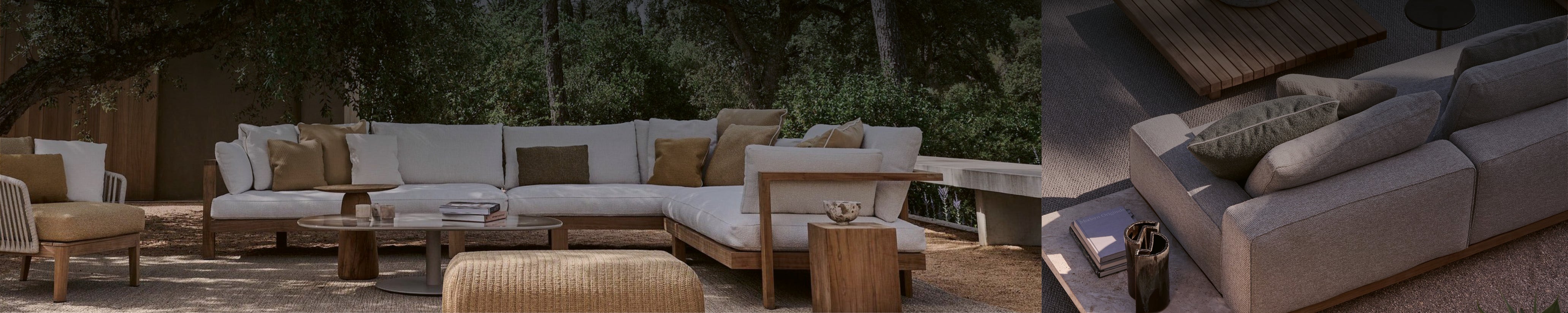 Modulare Gartensofas mit wetterfesten Kissen und Holzelementen – luxuriöse Outdoor-Lounge unter Bäumen und auf Terrasse