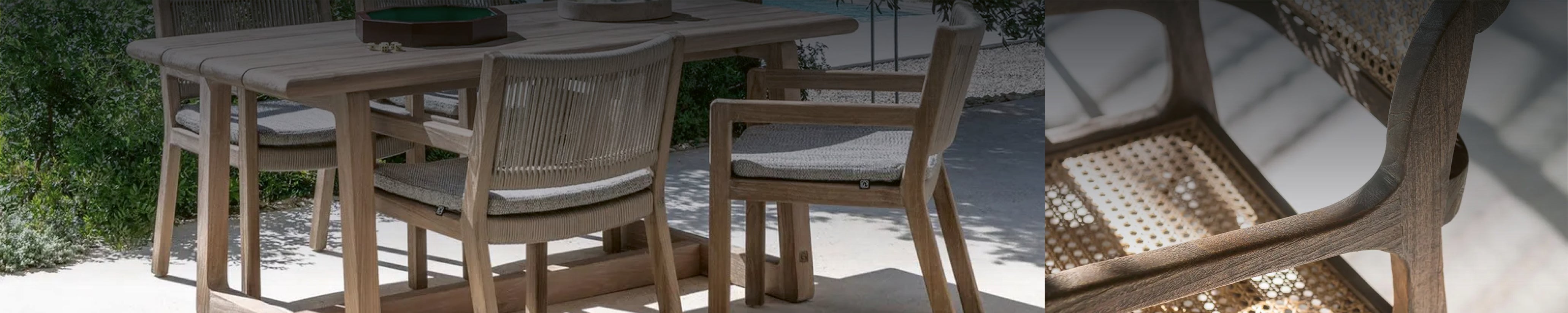 Gommaire Stühle aus Teakholz im Outdoor-Essbereich mit natürlicher Patina und geflochtener Sitzfläche