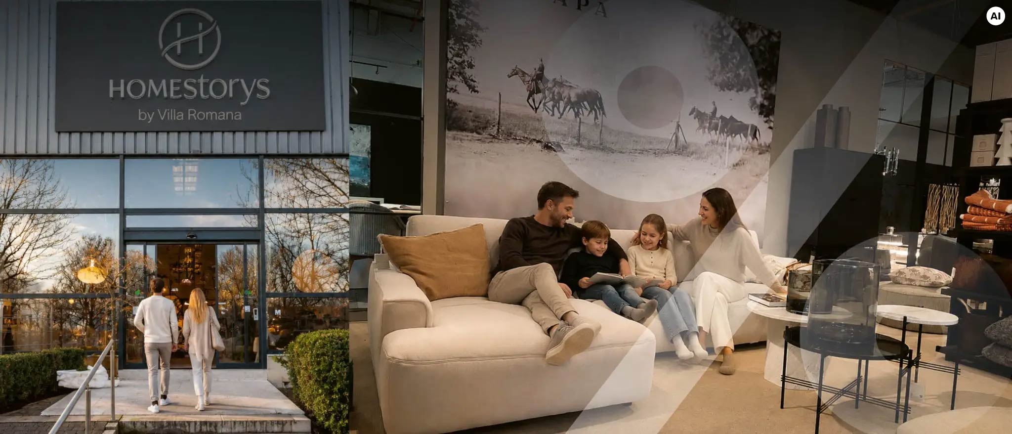 Collage aus dem Eingang des Homestorys Einrichtungshauses und einer Familie auf einem hellen Sofa – KI-unterstütztes Inspirationsbild zum Räumungsverkauf.