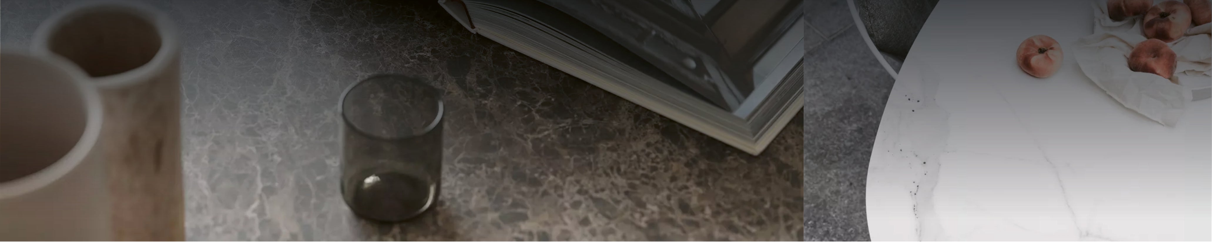 Nahaufnahme einer Keramiktischplatte mit organischer Struktur, zeitloses Design in gedeckten Farbtönen