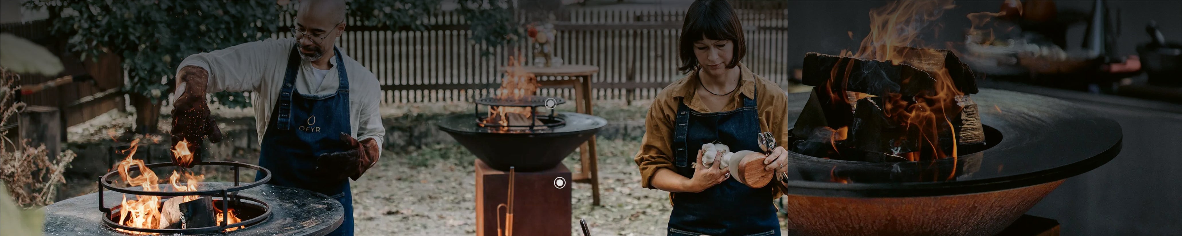 Designer-Feuergrill OFYR in Outdoor-Küche mit Flammen und Rauch – luxuriöses Ambiente für Grillfeste im Freien.