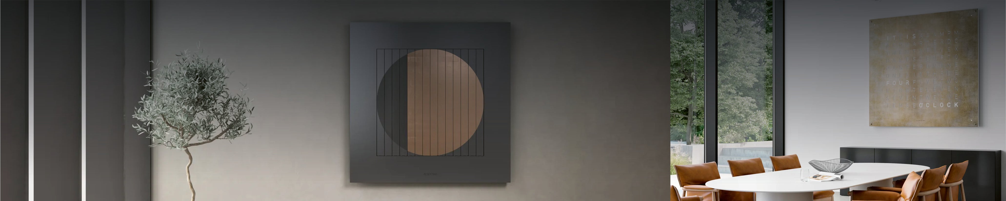 QLOCKTWO Design Wanduhr mit Wortanzeige über Esstisch in hellem, architektonischem Wohnraum