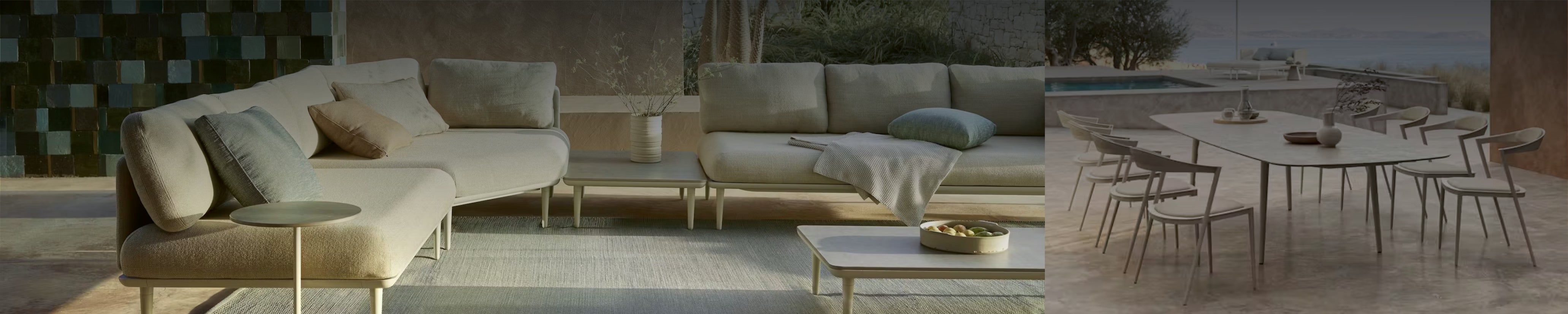 Styletto Designmöbel von Royal Botania – modulares Outdoor-Sofa in Sandtönen mit Beistelltisch.