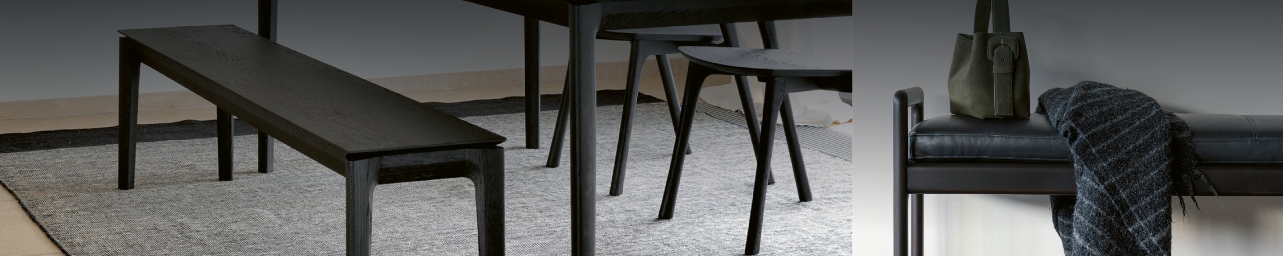 Schwarze Holzsitzbank am Esstisch auf grauem Teppich in modernem Esszimmer