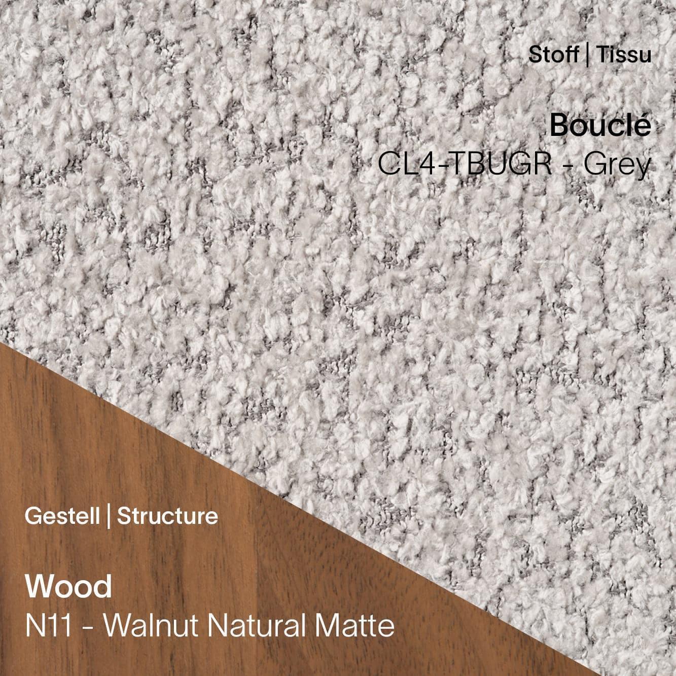 CUORI Stuhl mit Bouclé CL4 Grey Bezug und Walnuss Natural Matte Beinen (N11)