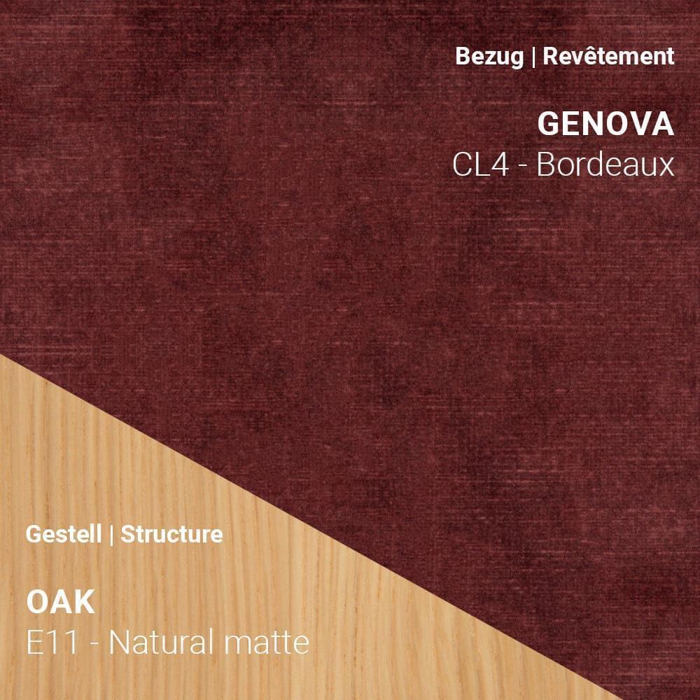 Stuhl CUORI mit Genova CL4 Bordeaux Stoffbezug und Eiche Dune Matte Beinen (E45)