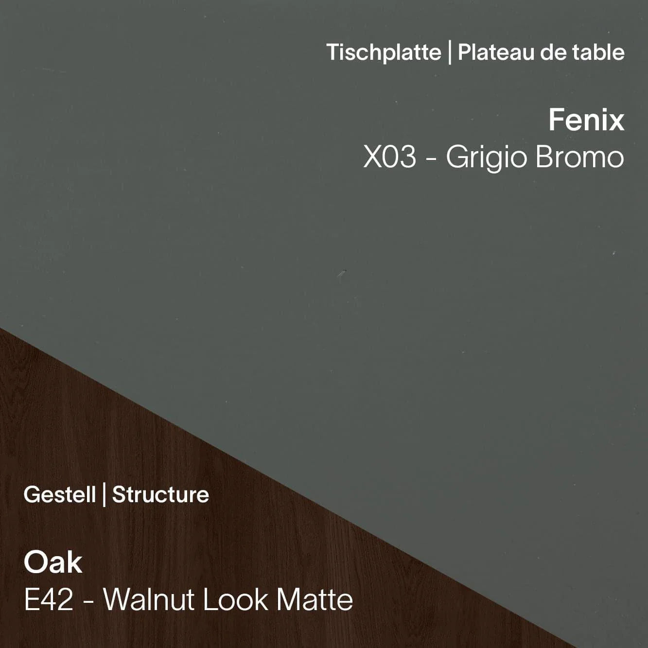Fenix Grigio Bromo (x03) auf Gestell in edler Nussbaumoptik (E42 Walnut Look)