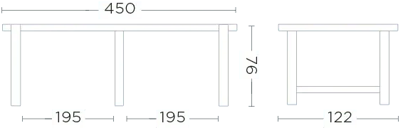 Technisches Maßbild des JACOBA Gartentischs 450x122 cm von Gommaire – exakte Maßangaben zur Planung großer Outdoor-Essgruppen oder Eventflächen