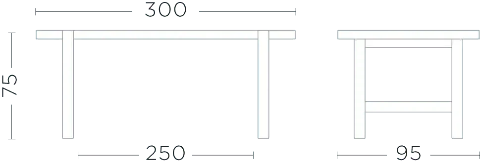 Technisches Maßbild des JACOB Esstischs Large – Maße 300x95x75 cm – ideal zur präzisen Planung von großen Essbereichen oder offenen Wohnkonzepten