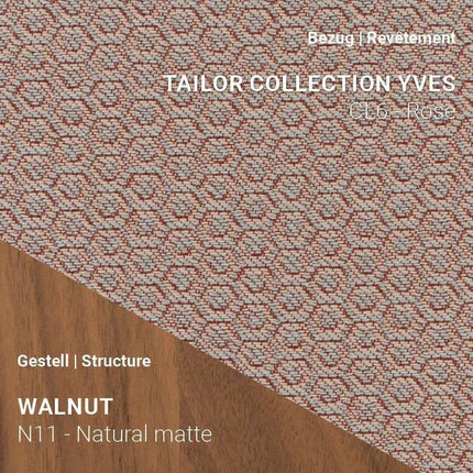 Stuhl KNUT C0214 mit Tailor Yves Rose und Nussbaum Natural – verspielte Farbe mit hochwertiger Holzbasis