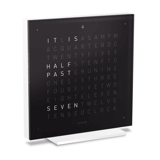 QLOCKTWO EARTH 13.5 Black Ice Tea – side view of the deep black designer table clock with a clean typographic display