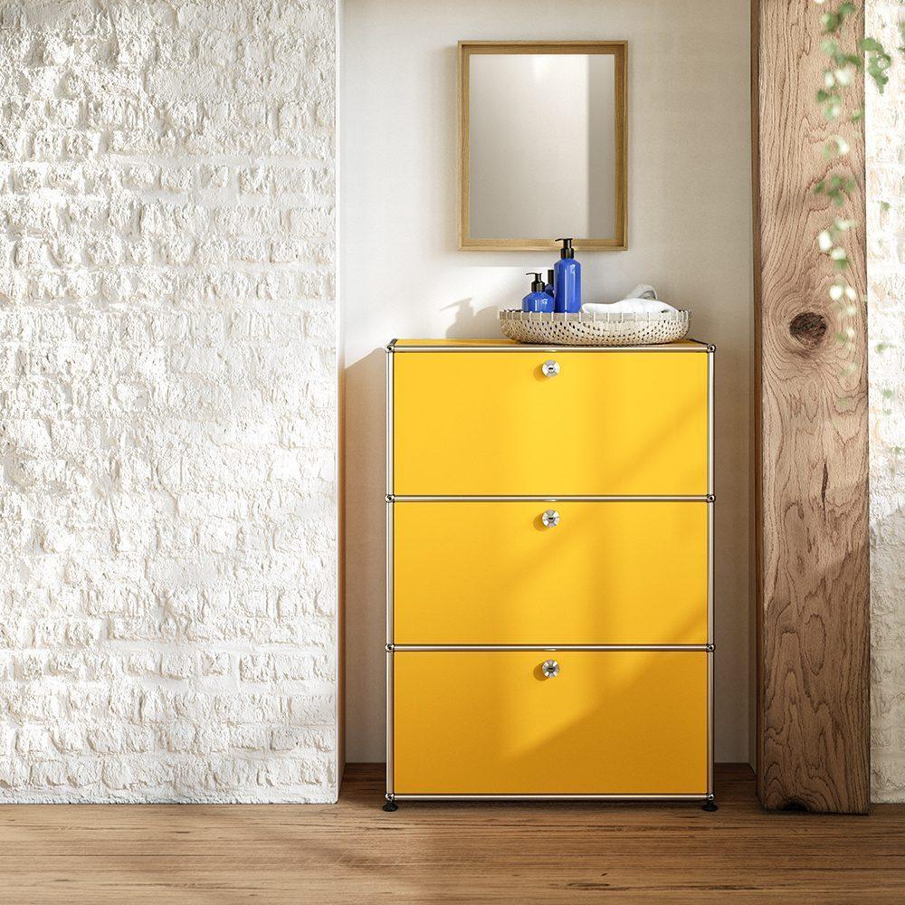 Design-Kommode G1 von USM Haller in Goldgelb – leuchtendes Möbelstück als farblicher Akzent für moderne Einrichtungen in Wohnraum, Arbeitszimmer oder Flur
