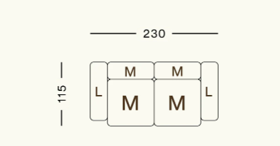 Maßbild des modularen Sofas Vetsak SET 02 M – technische Zeichnung mit Breite, Tiefe, Höhe und Sitztiefe zur perfekten Raumplanung
