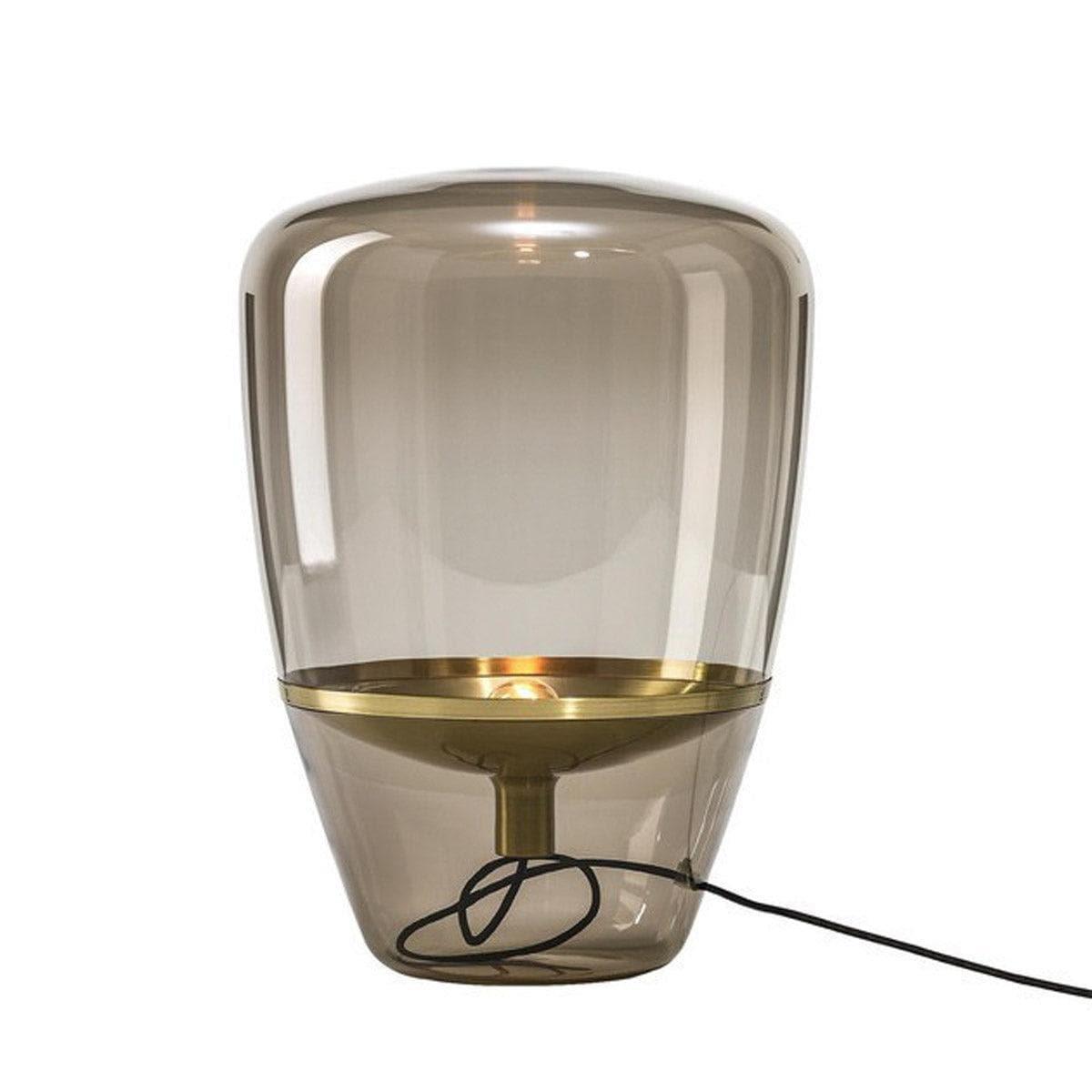 Freigestellte Aufnahme der Stehlampe BALLOONS PC856 mit rauchbraunem Glaskörper und kupferfarbenem Reflektor – edles Design im kompakten Format