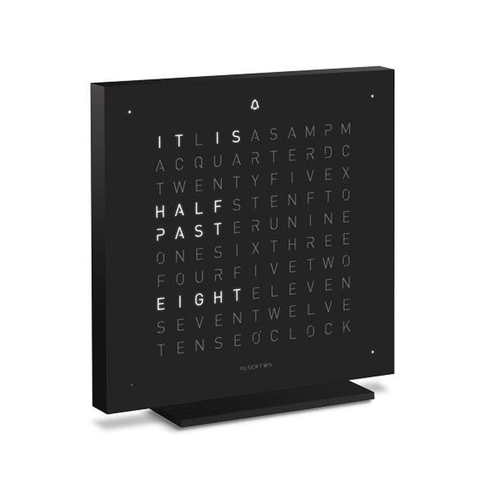 QLOCKTWO EARTH 13.5 Deep Black – side view of the matte black designer table clock with typographic time display