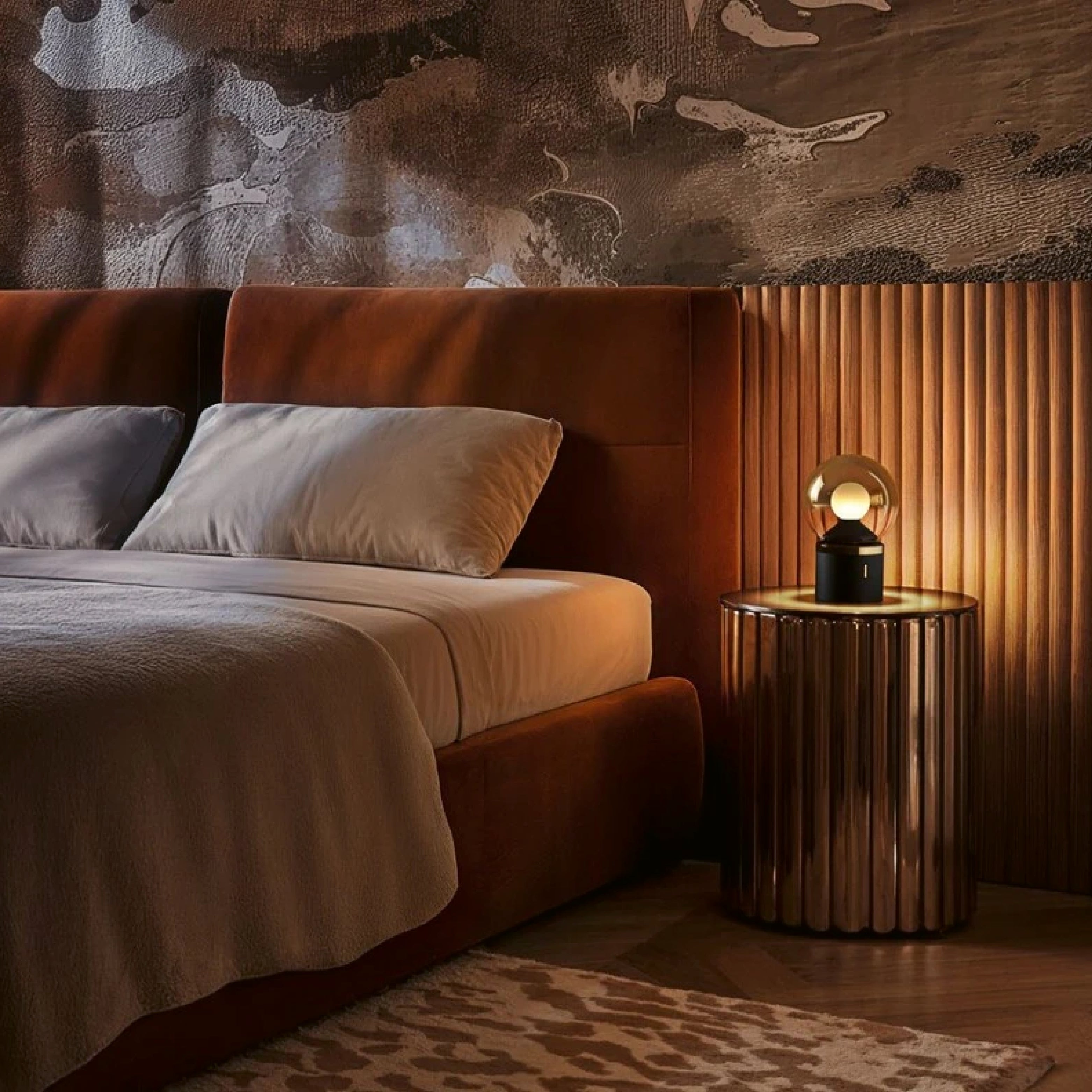 Nachttischlampe von Occhio Model LUNA auf Beistelltisch neben luxuriösen Bett