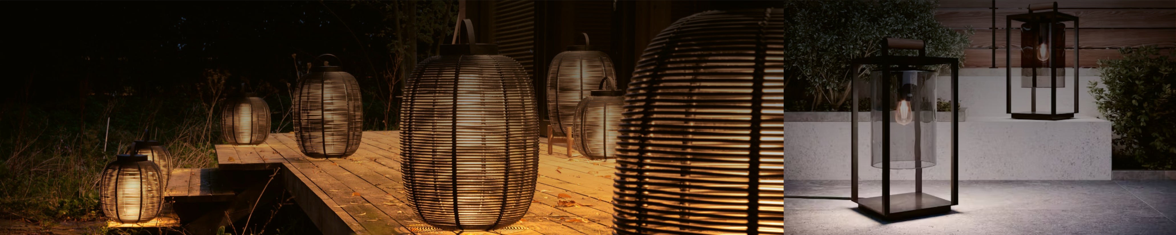 Stimmungsvolle Outdoor-Laternen aus Rattan und Glas auf Terrasse und Holzdeck bei Nacht – stilvolle Lichtinszenierung.
