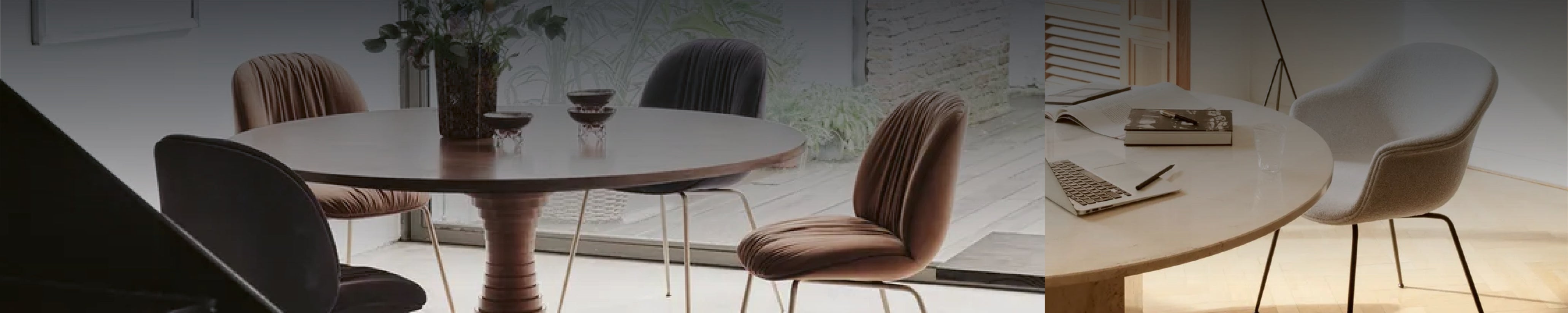 GUBI Stühle mit Stoffpolster in verschiedenen Stoffe jeweils an einrem runden Tisch, geeignet für Esszimmer und Homeoffice