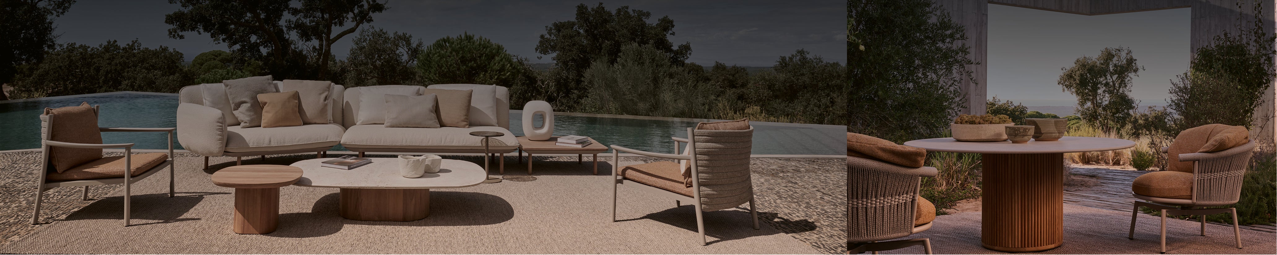 Weitwinkelaufnahme einer Terrasse mit Lounge-Sofa am Pool und runder Outdoor-Esstischgruppe mit Sesseln im Pavillon, Blick in die grüne Landschaft – Holiday Homestorys Outdoor-Wohnwelt.