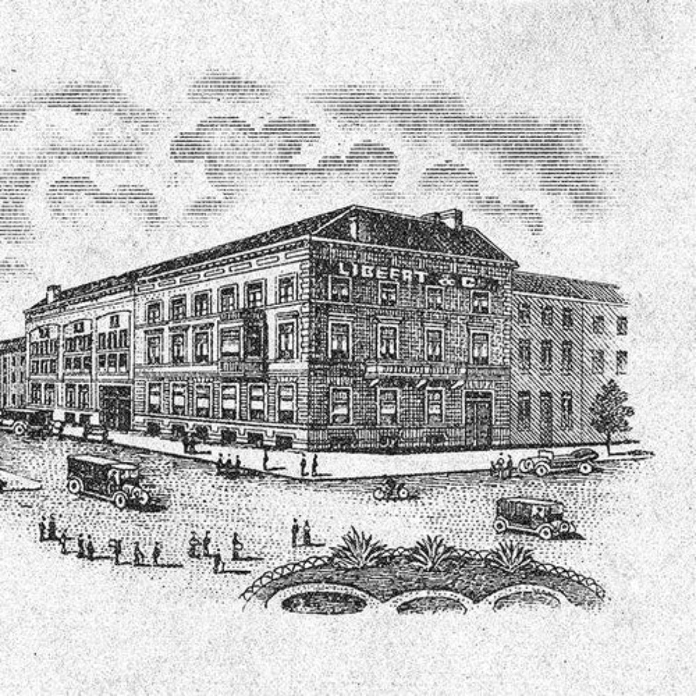 Historische Schwarz-Weiß-Illustration des Libeco-Firmengebäudes mit Straßenverkehr und Gartenanlage im Vordergrund.