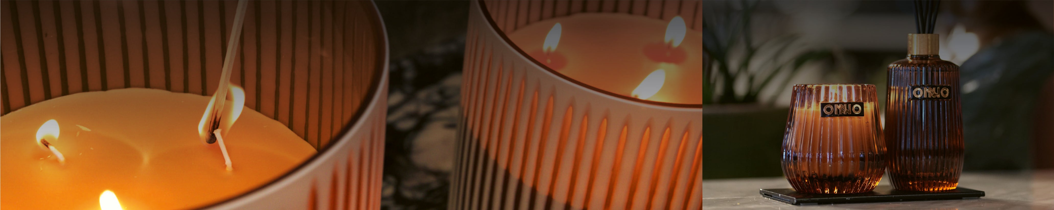 Detailaufnahme brennender ONNO Duftkerze mit stilvollem Glasrelief und warmer Lichtstimmung