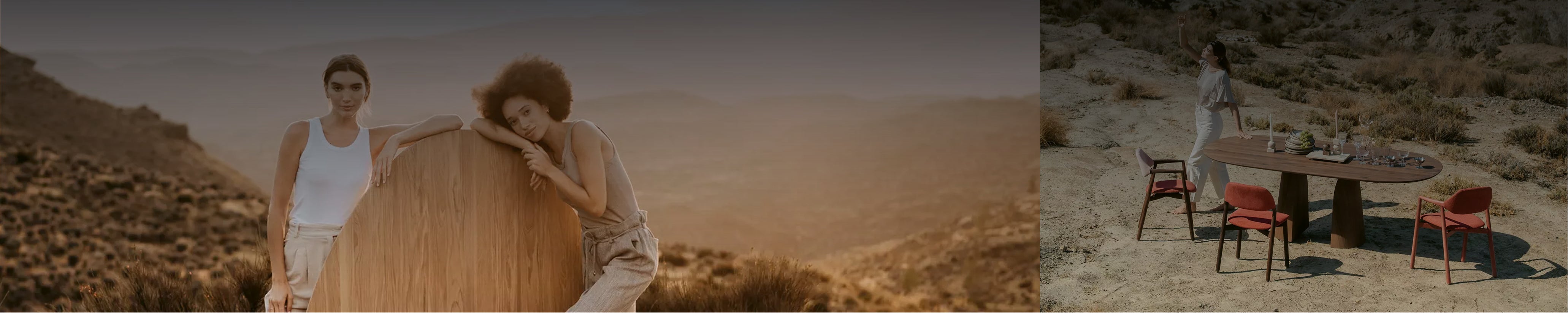 Stilvolle Outdoor-Inszenierung mit Essmöbeln von Mobitec: organischer Tisch aus Holz und elegante Stühle mit rostroten Polstern in wilder Landschaft.