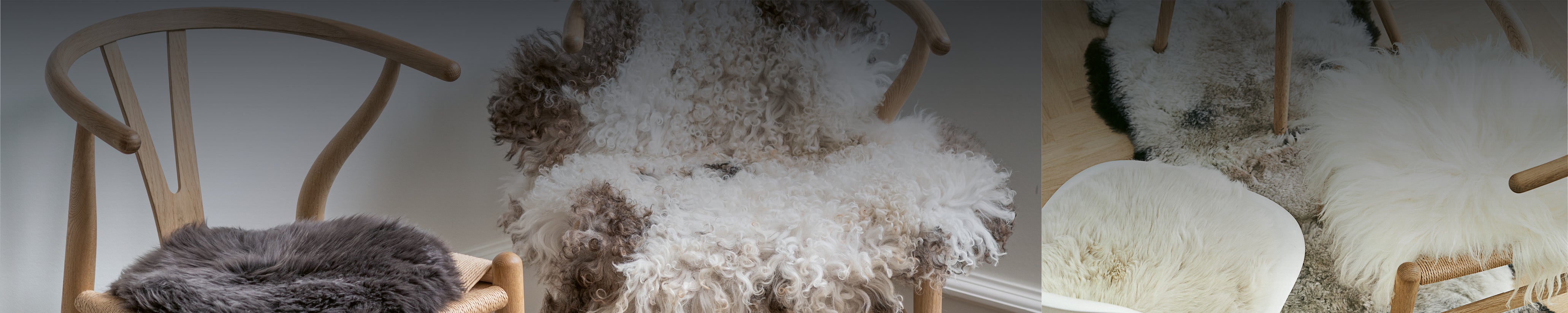 Stühle mit naturfarbenen Schaffellen und Lammfellen im Mix aus glatter und gelockter Struktur – stilvolle, warme Akzente im nordischen Interior.