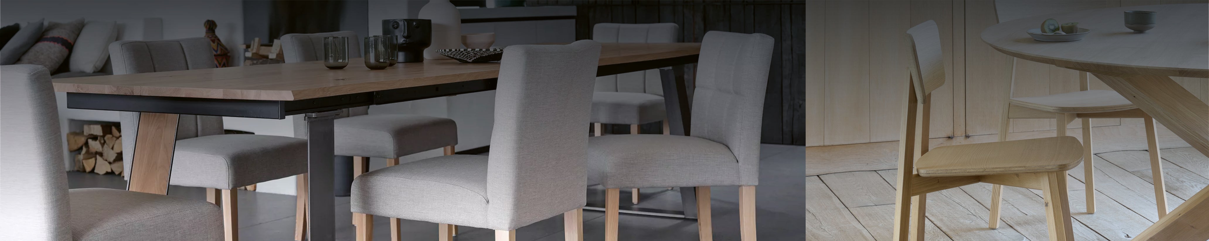 Esszimmerstühle ohne Armlehnen mit Stoffbezug und Holzbeinen an langem Esstisch