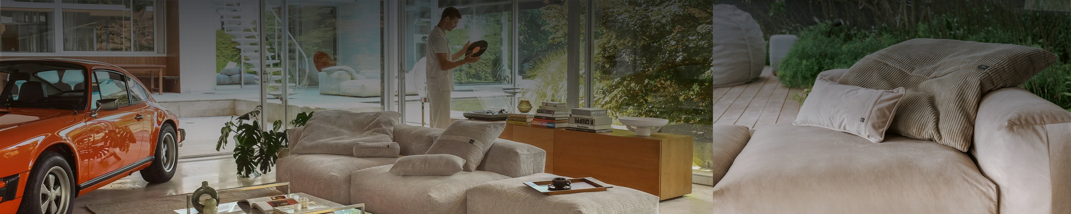 Vetsak Kollektion mit Cord-Sofa Indoor und Velvet-Modul Outdoor in modernem Haus