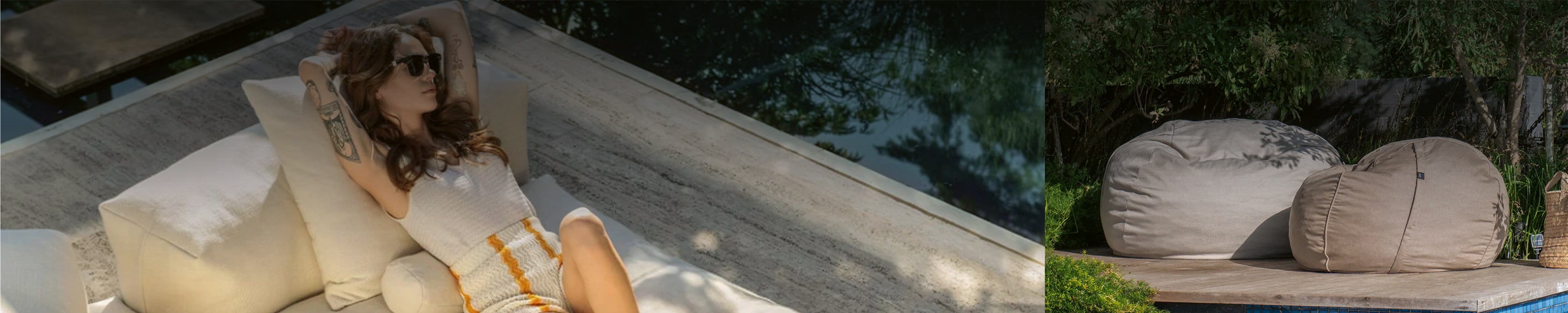 Frau entspannt auf beigem Vetsak Outdoor Sofa, daneben zwei wetterfeste Sitzsäcke auf Poolterrasse im Garten