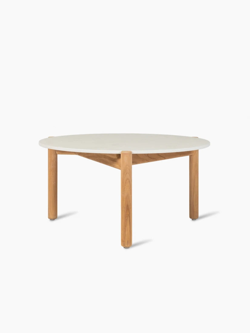Vincent Sheppard ODA Couchtisch rund mit Teakgestell und einer Keramikplatte in der Farbe Portland