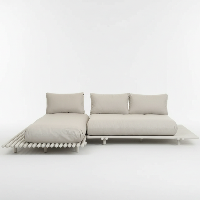 Cane-line Lounge STICKS mit Aluminiumrahmen und Desert Sand Polstern – luftiges Design für helle Außenbereiche
