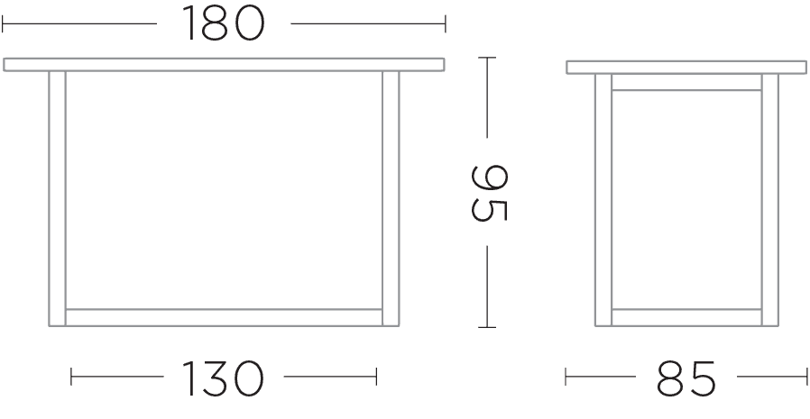 Maßzeichnung des DENNIS Bartischs mit 180x85 cm – technische Darstellung mit exakten Maßen zur Planung von Theken- und Barbereichen in Haus oder Garten