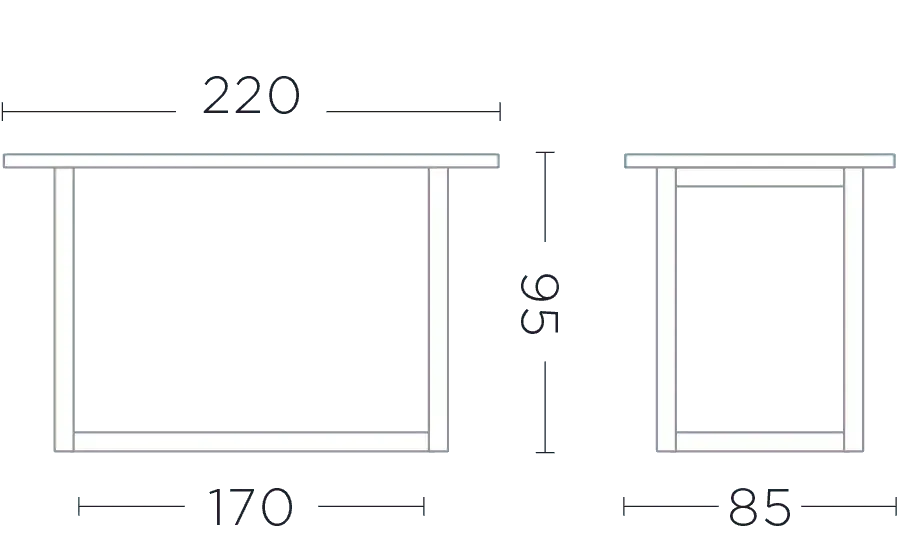 Technisches Maßbild des Bartischs DENNIS 220x85 cm – Maßskizze zur exakten Planung für moderne Essbereiche oder Terrassen mit Barhöhe