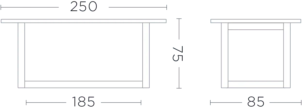 Maßbild des Gartentischs DENNIS 250x85 cm – technische Zeichnung mit Längen-, Breiten- und Höhenangaben für die Planung großer Außenbereiche mit Designanspruch