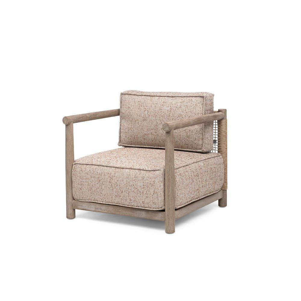 1-Sitzer MIEKE von Gommaire – stilvoller Outdoor-Sessel mit runder Teakholzstruktur und wetterfesten Polstern für Garten und Terrasse