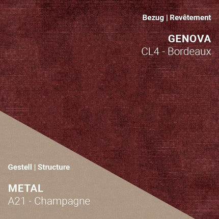 Designstuhl LOLA C3110 mit Genova CL4 Bordeaux Stoff und A21 Metal Champagne Gestell von Mobitec