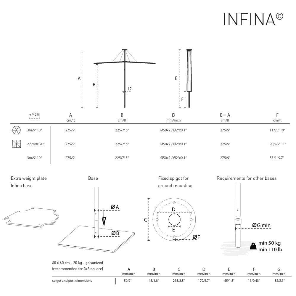 Sonnenschirm INFINA Aluminium - 300x300 _ Umbrosa _SKU INFSQ300ALU-NATURAL-TILEBASE-M-ALU