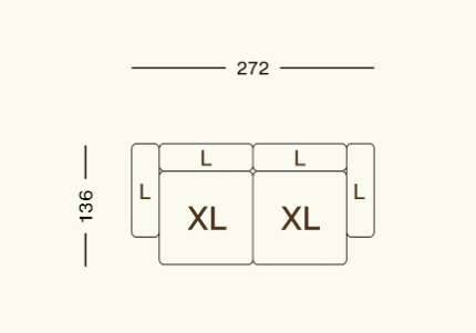 Maßbild des modularen Sofas Vetsak SET 02 XL – technische Zeichnung mit Breite, Tiefe, Höhe und Sitztiefe zur perfekten Raumplanung