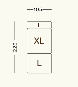 Maßbild des Vetsak Sofa Set 07 – detaillierte Abmessungen und Modulübersicht für das modulare Sofa