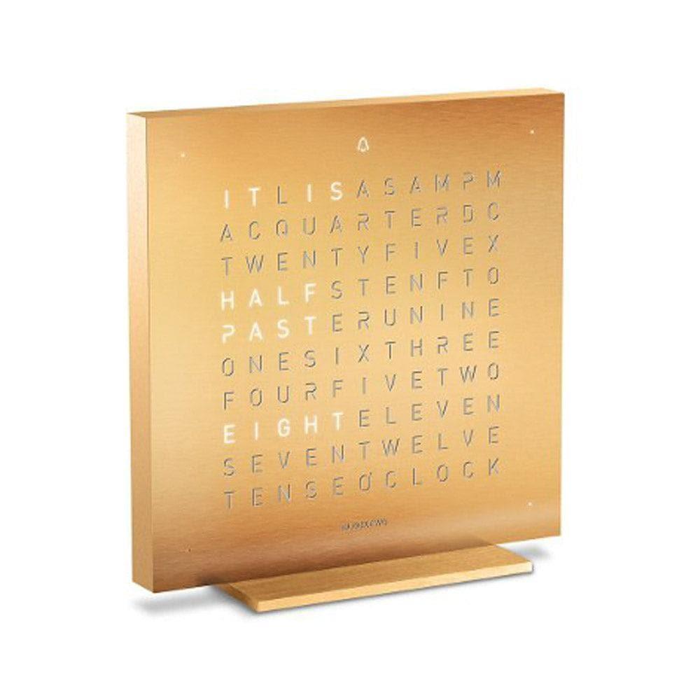 QLOCKTWO EARTH 13.5 Golden Legend – side view of the gold steel designer table clock with typographic time display